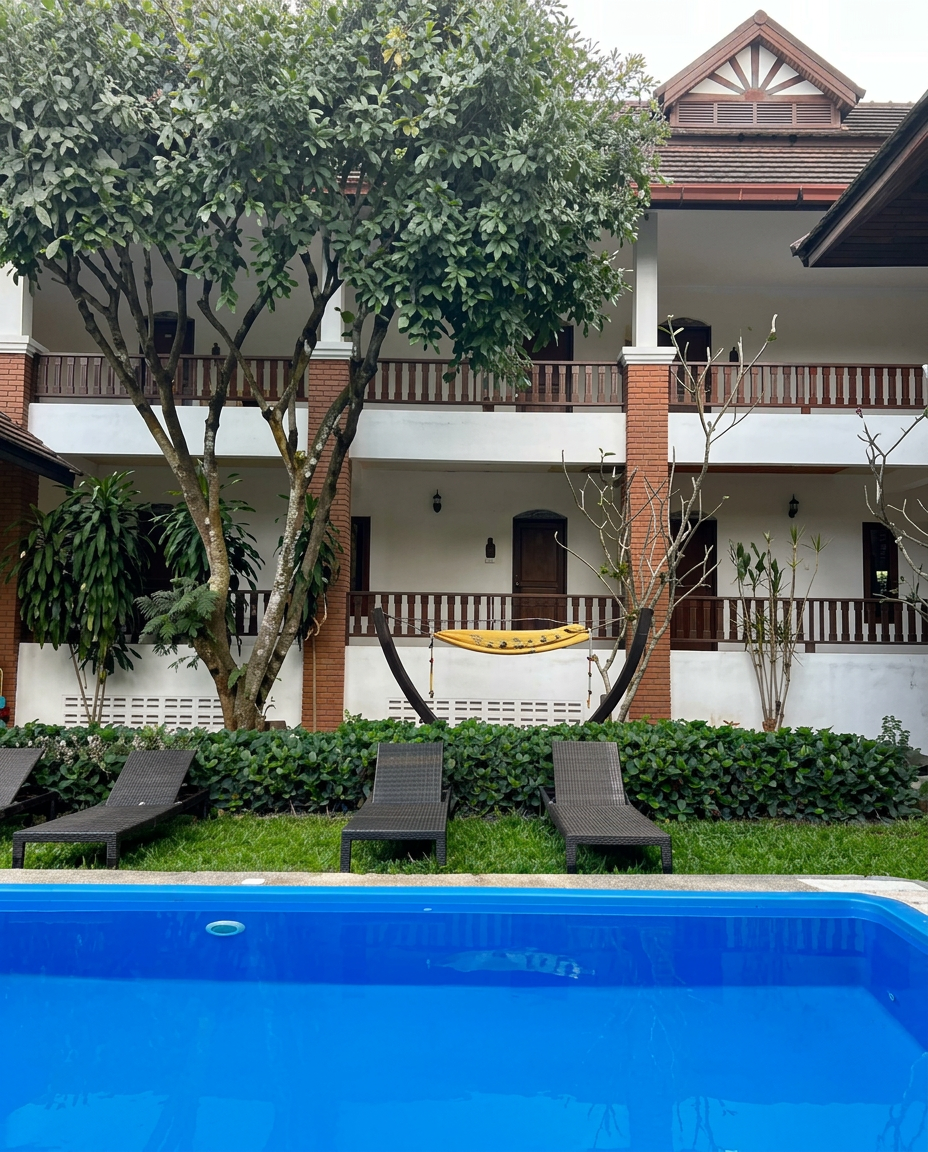 Koh Shanti guesthouse exterior on quiet Lamai side road