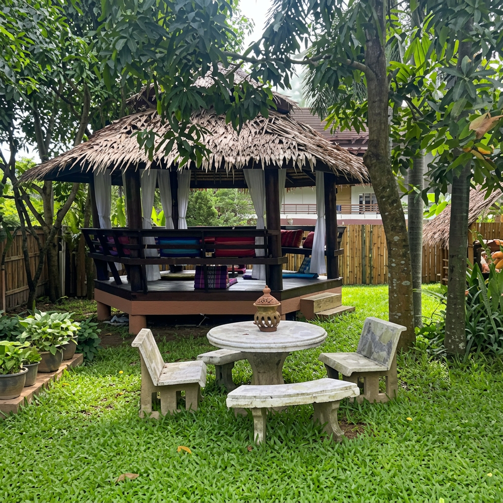 Traditional Thai sala with stone table in the garden
