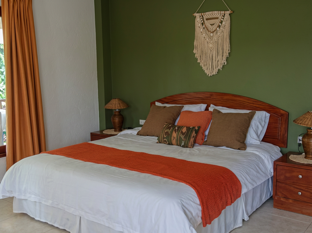 Comfortable double bed with fresh linen and warm accents