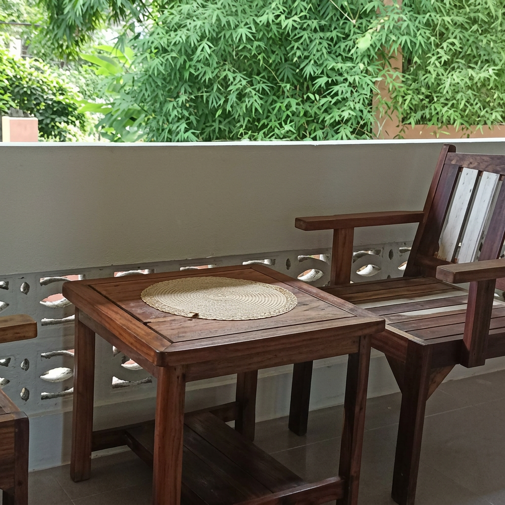 Wooden balcony seating area