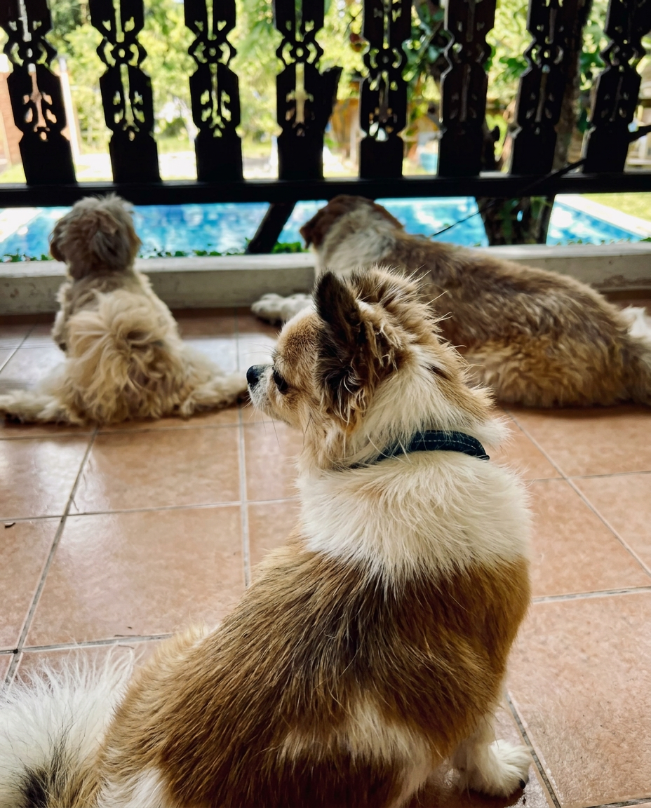 Two of the guesthouse dogs watching the garden